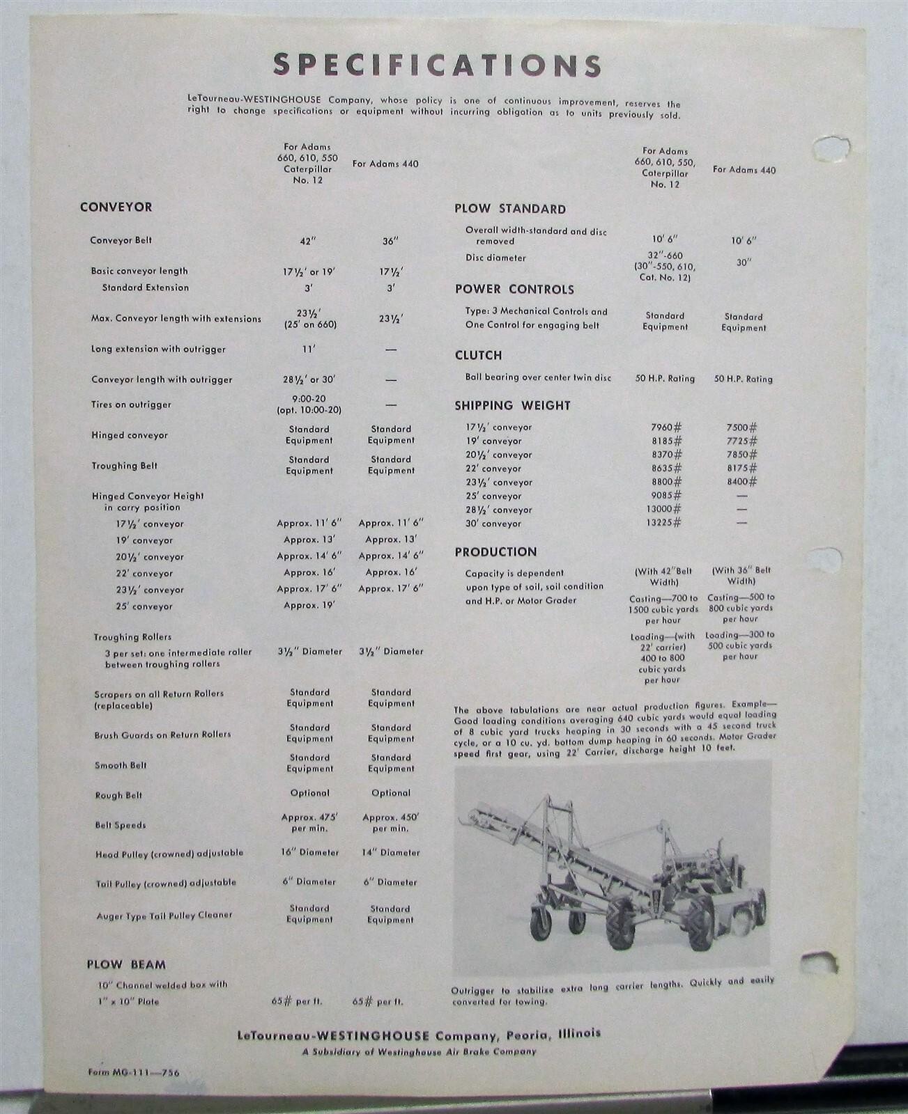 1956 LeTourneau-Westinghouse Elegrader Attachment Specs Construction Data Sheet