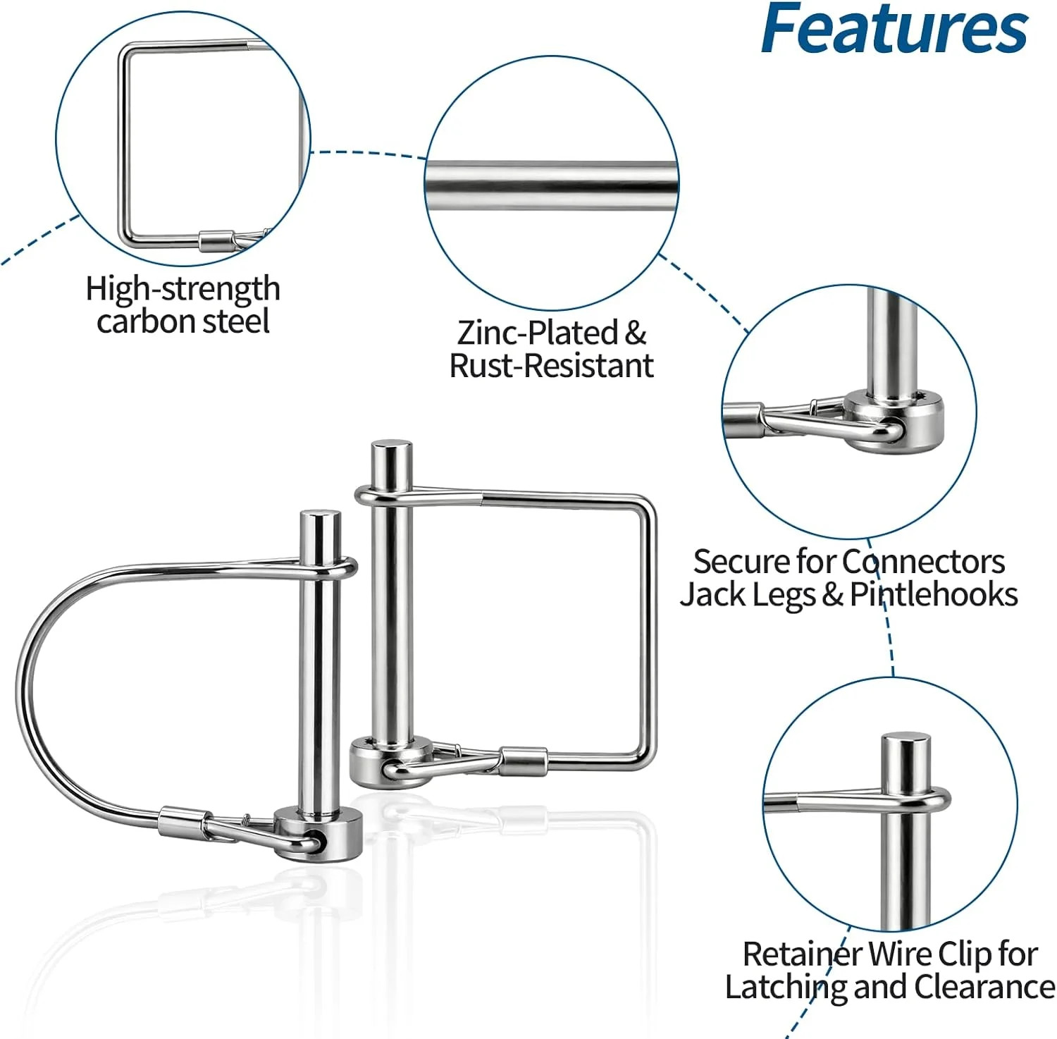 8 Pack Trailer Coupler Pin – Heavy Duty 1/4&Prime; Carbon Steel Lock Pins with Square