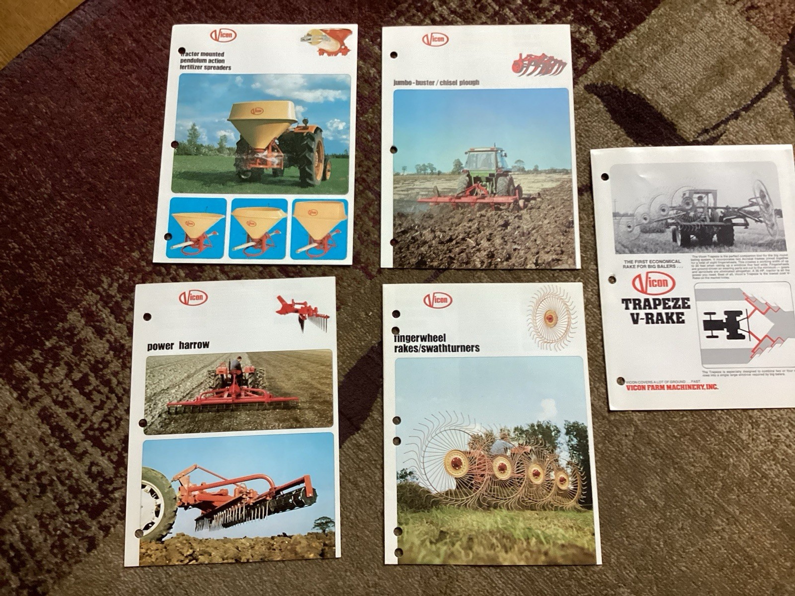 (5) 1975-6 Vicon Brochures – Rake, Harrow, Chisel Plow, Spreader