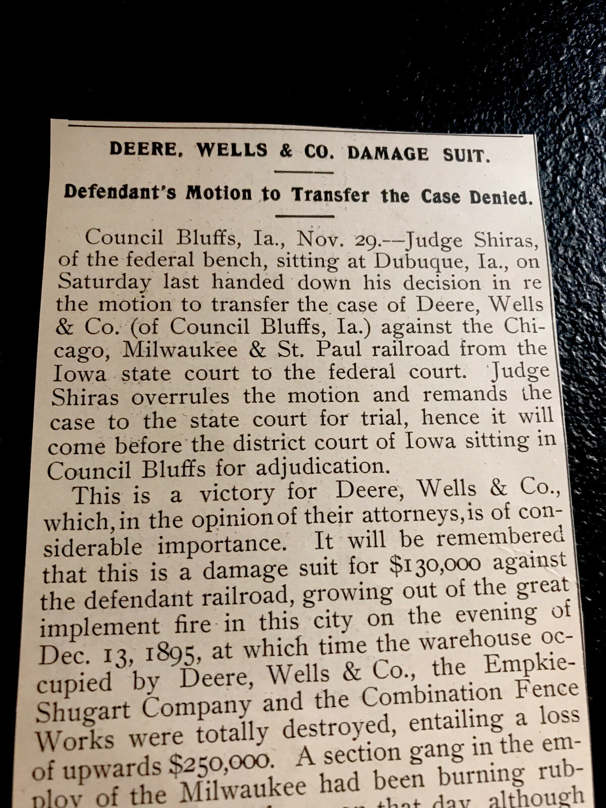 ORIGINAL 1897 Deere Wells & Co vs. Chicago Milwaukee St. Paul Railroad Article