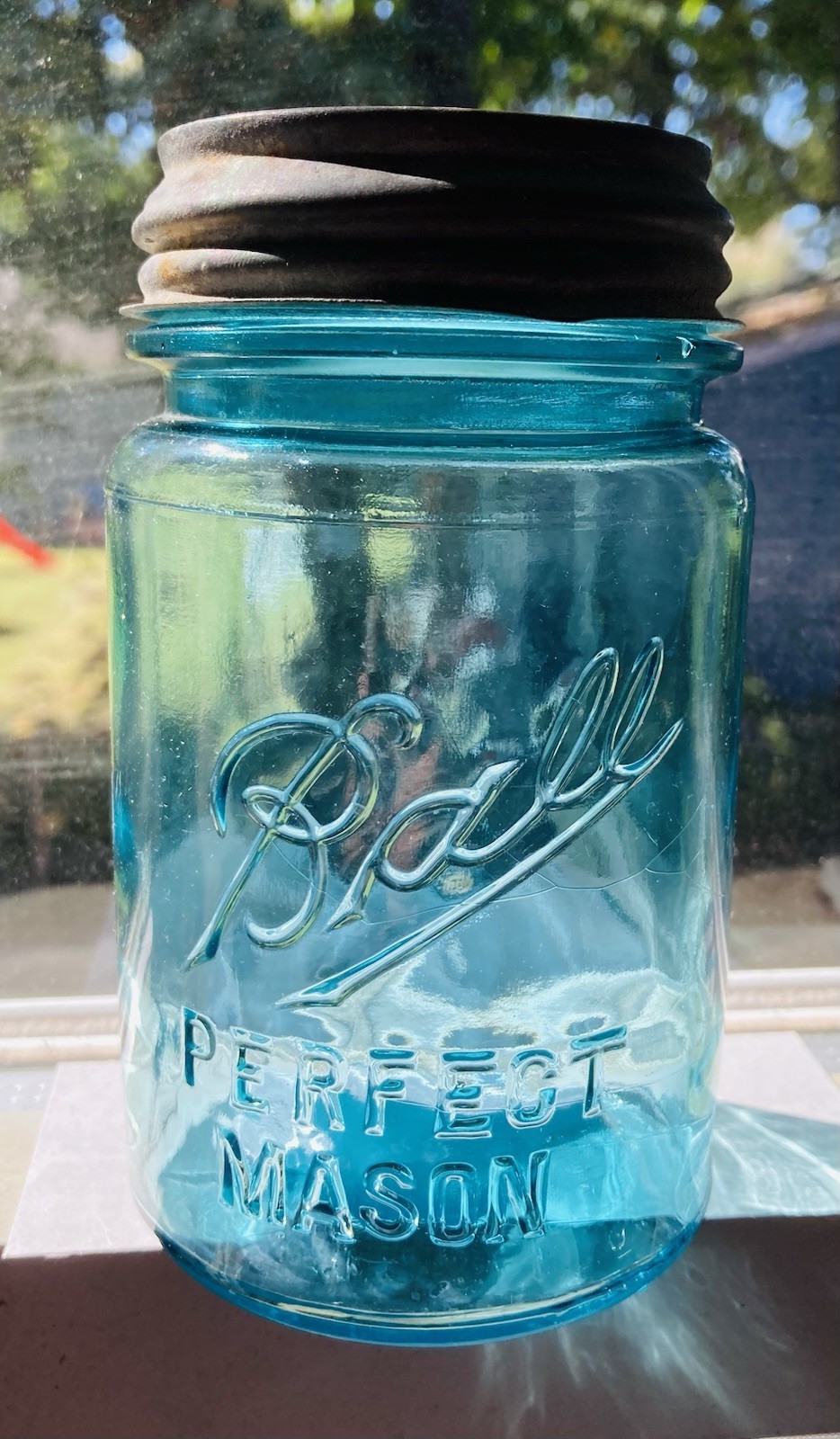 BLUE PINT C.1910-23 BALL “PERFECT MASON” JAR #9~5.25”H IN VG CONDITION
