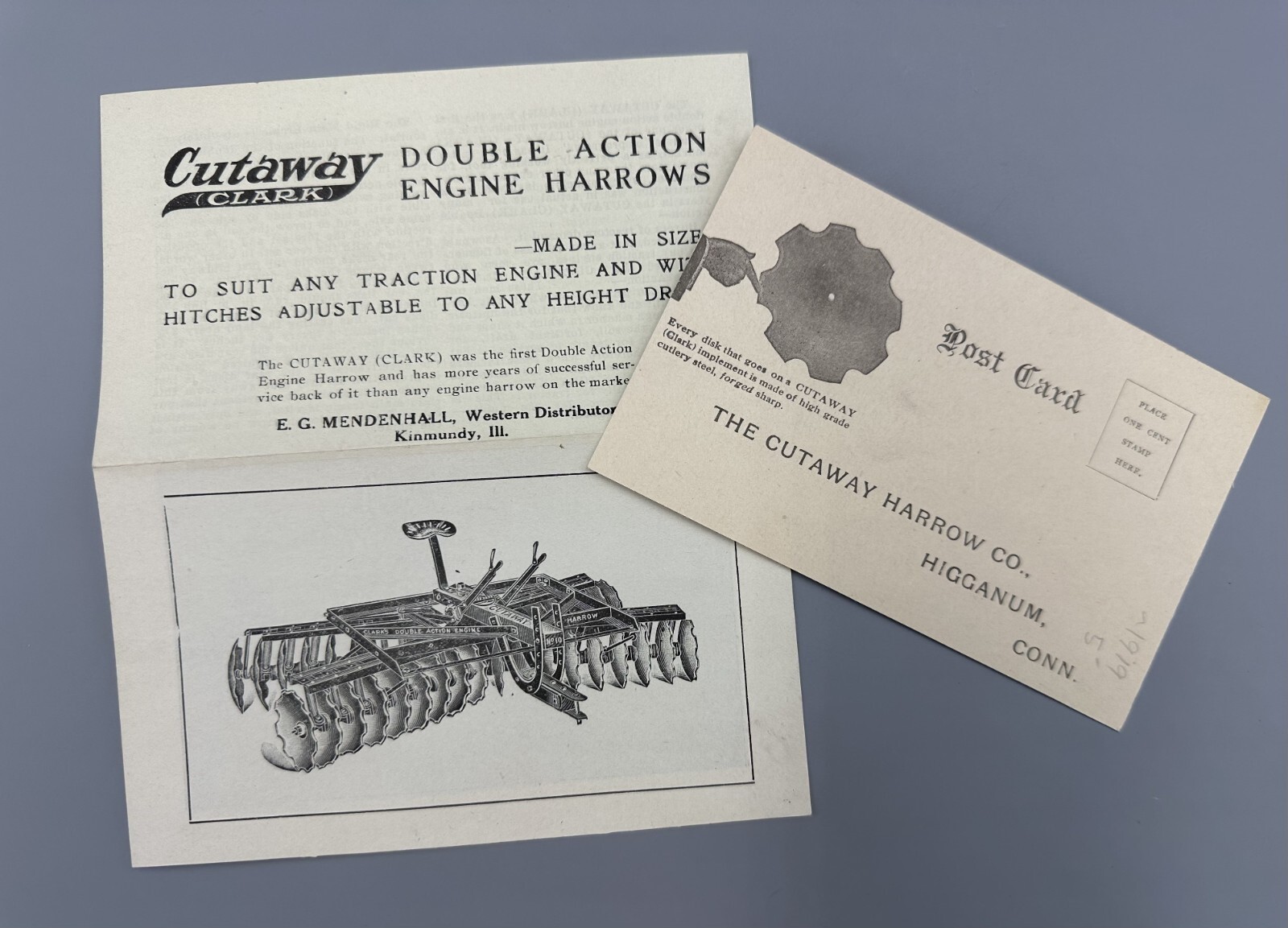 Antique CUTAWAY Clark HARROW Farm Advertising Brochure KINMUNDY IL Postcard