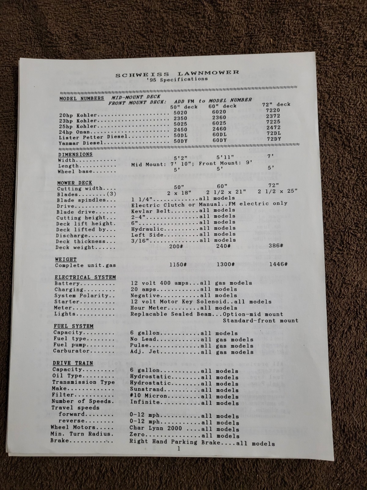 Vintage 1995 SCHWEISS SALES BROCHURE Magnum Zero Turn Lawn Mower 2350 thru 7225
