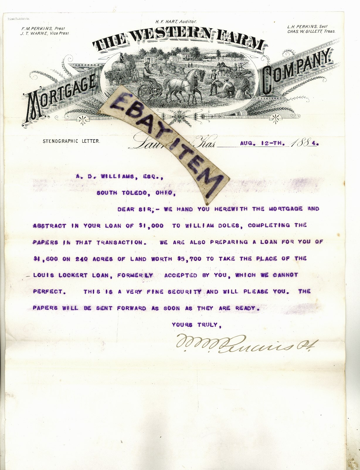 1884 LETTERHEAD Lawrence Kansas FM PERKINS Warne GILLETT Hart ST LOUIS BANK NOTE
