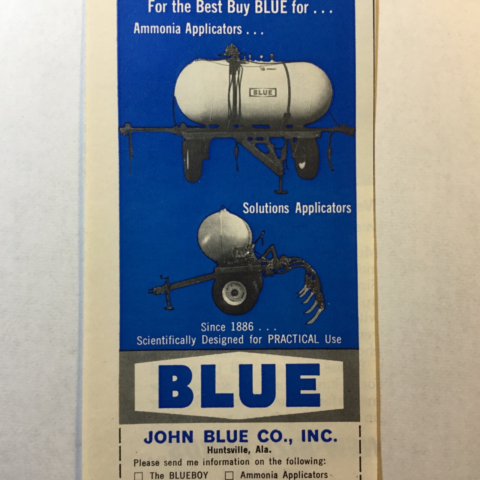 1965 Ad. Blueboy Fertilizer Sprayer. John Blue Inc. Huntsville, Alabama