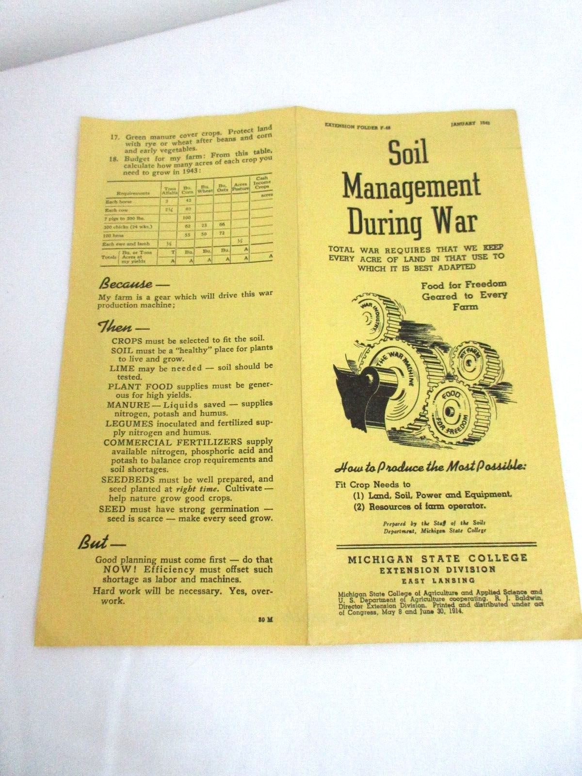 Vintage 1943 MSU Michigan State College Extension Soil Management During War