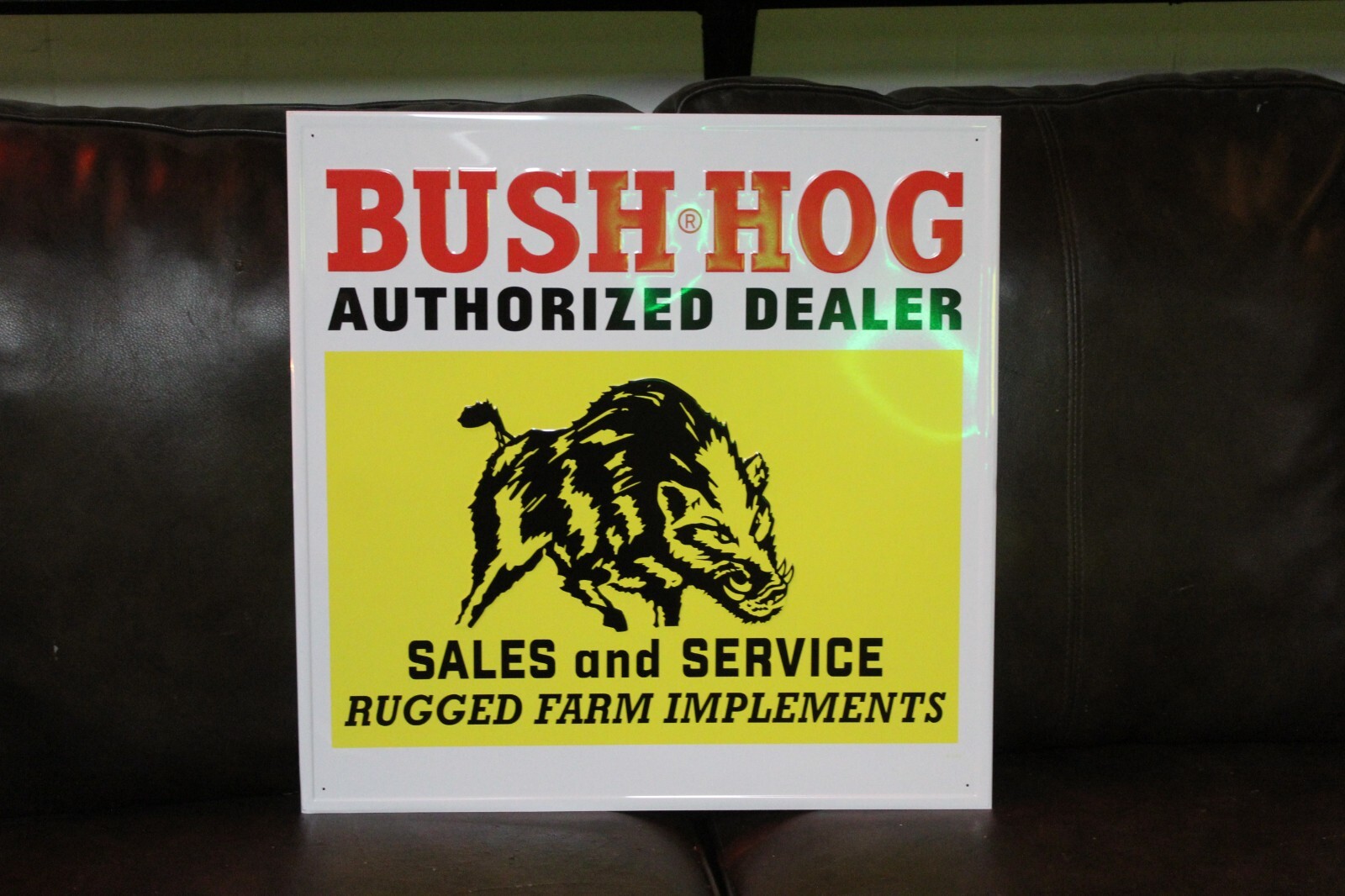 BUSH HOG DEALER FARM IMPLEMENTS EMBOSSED METAL SIGN GAS SERVICE FORD SEED IH OIL