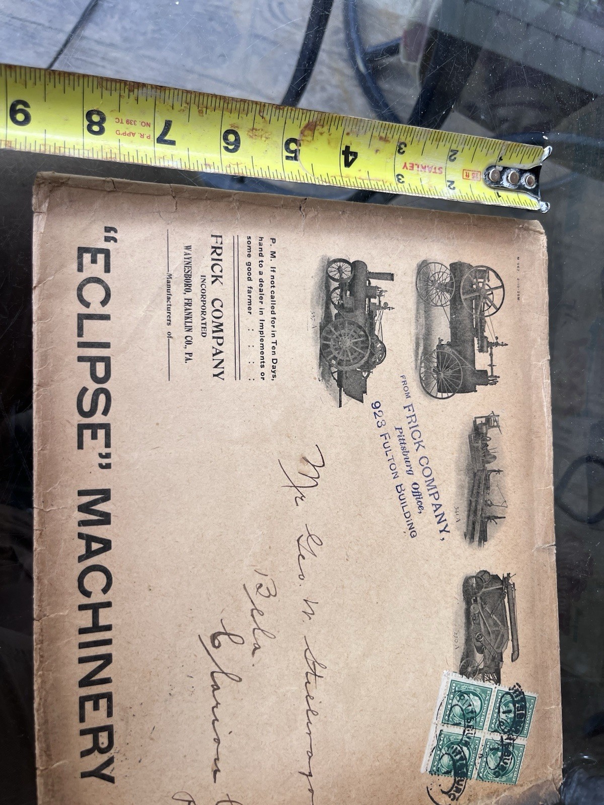 Antique Frick Eclipse Steam Tractor Engine Large Envelope, Bela Pa. Clarion Co.