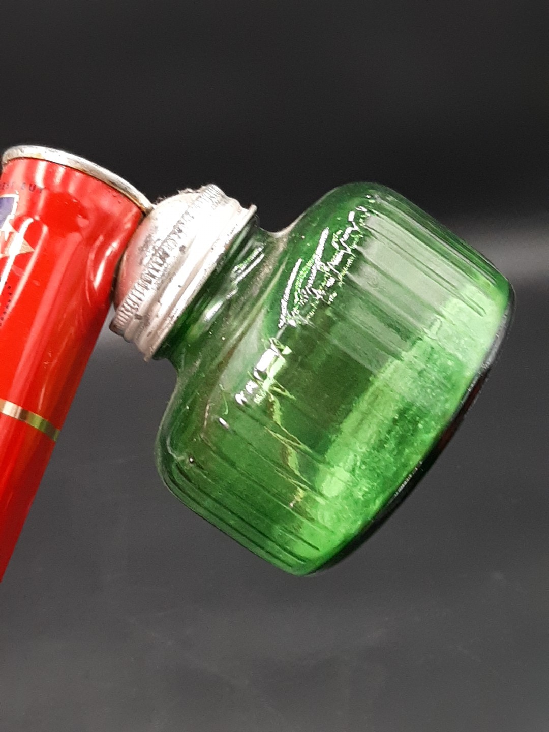 Vintage Hudson Pump Duster Bug Sprayer Green Glass Bottle Jar Metal Wood Fogger