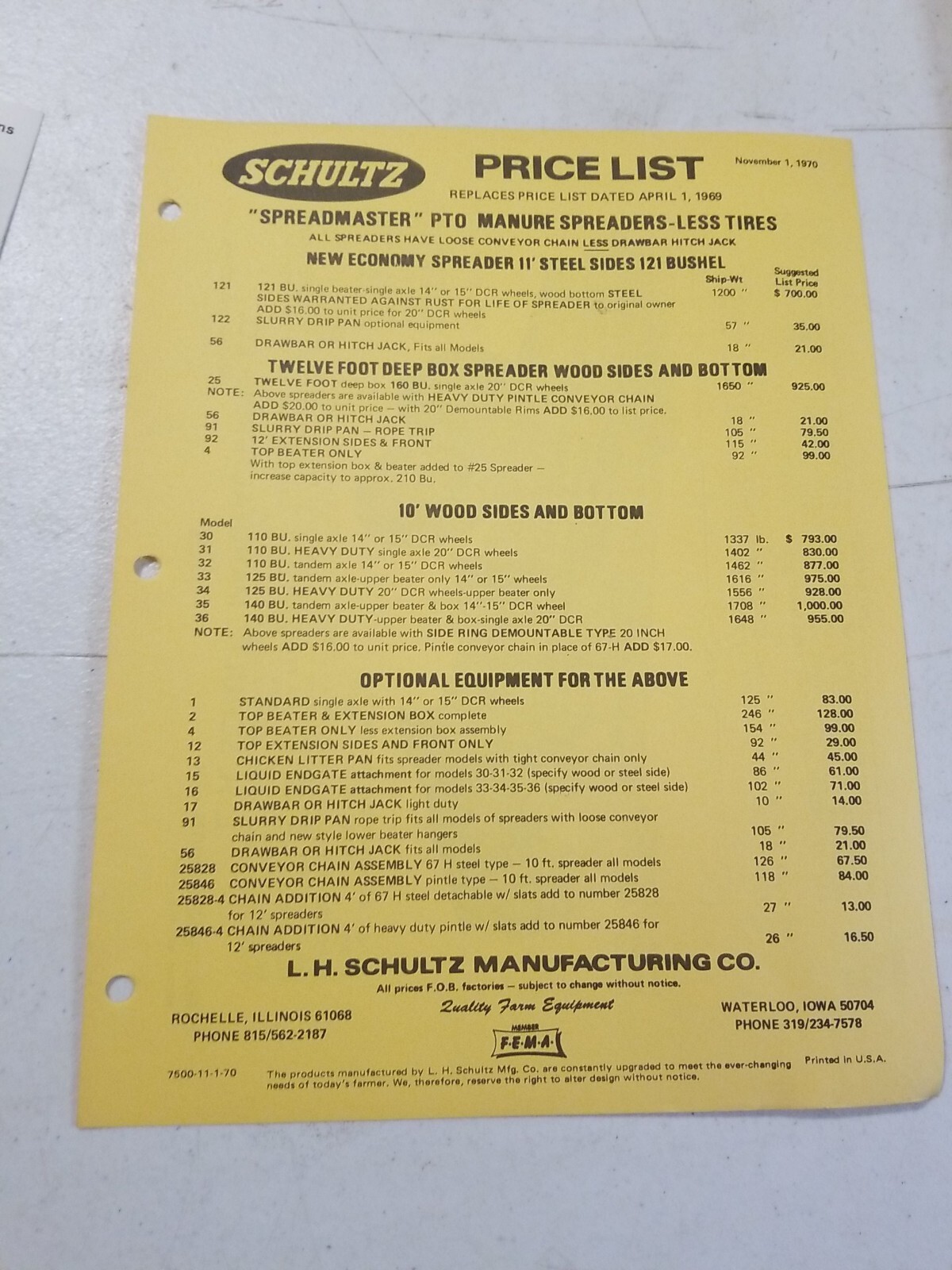 Vintage 1970 L.H. SCHULTZ Mfg Co GENERAL MANURE SPREADER Brochure & Price List