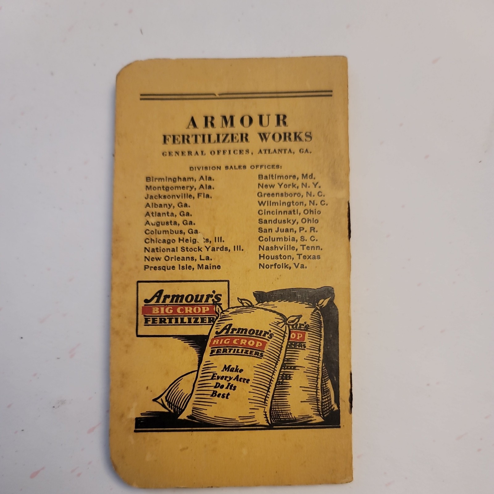 Armours Big Crop Fertilizer 1939 1940 Note Pad Atlanta Geogria