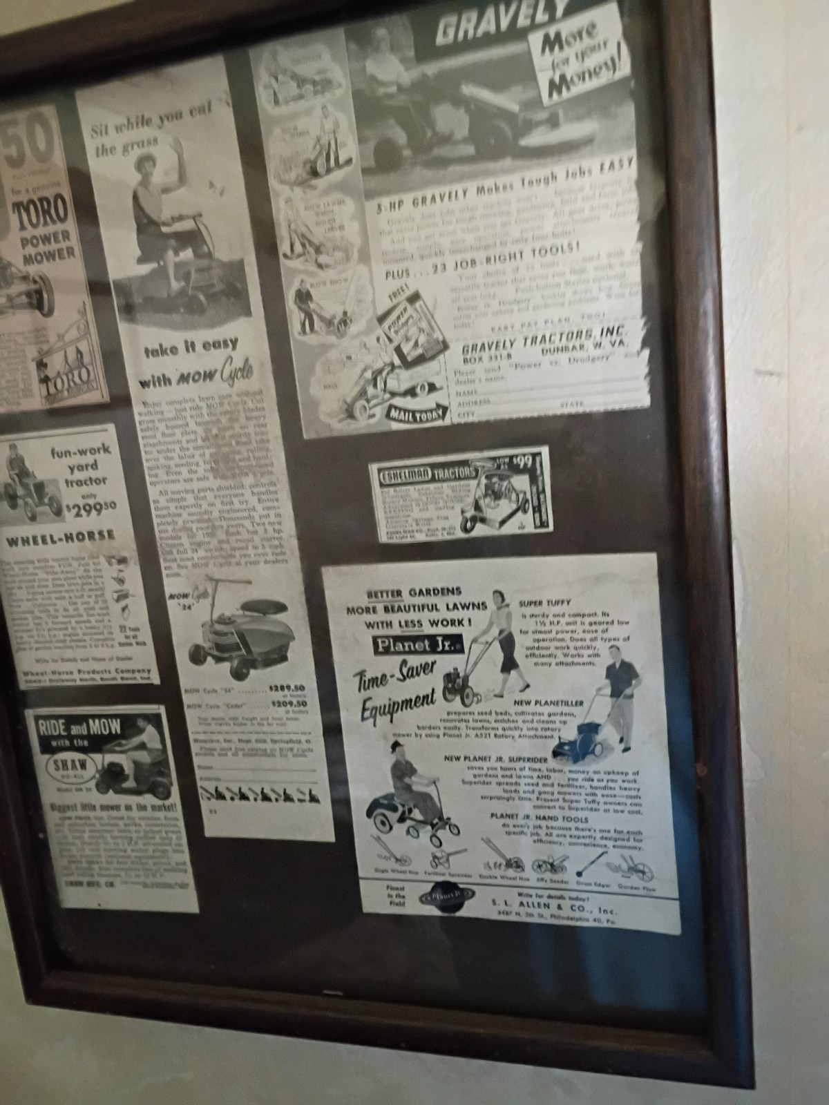 Vintage Lawn Mower Magazine Ads In A Frame, Originals, Not Reprints.