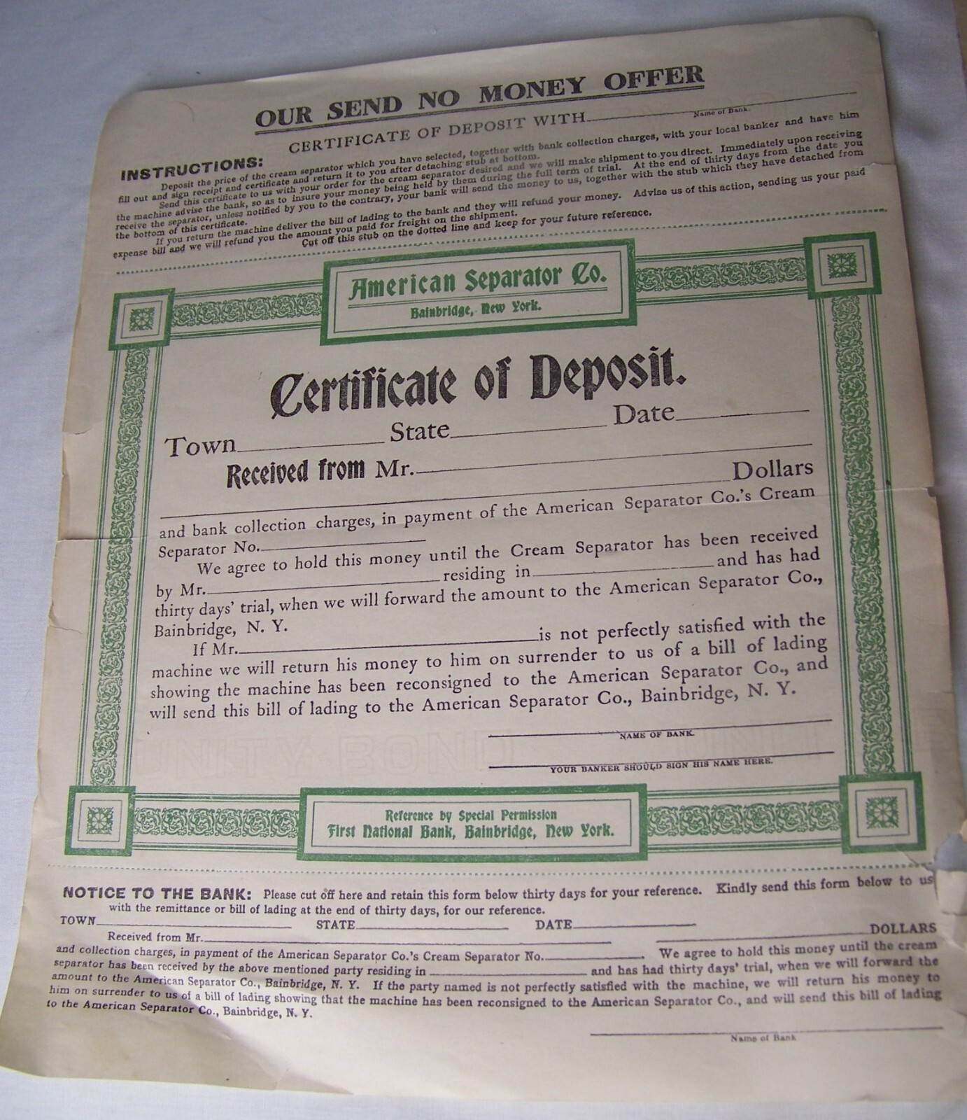 LOT VINTAGE AMERICAN CREAM SEPARATOR ADVERTISING CERTIFICATE BROADSIDE POSTER+