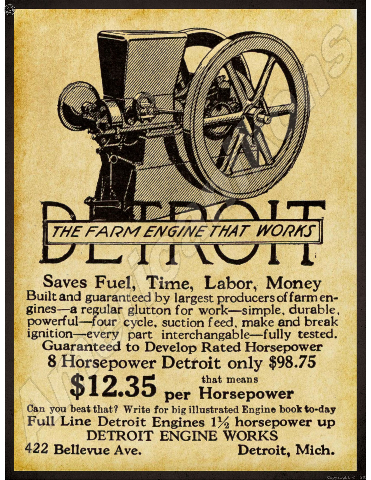 1915 Detroit Engine Works New Metal Sign: 8 Horsepower Gas Engine, Detroit, MI
