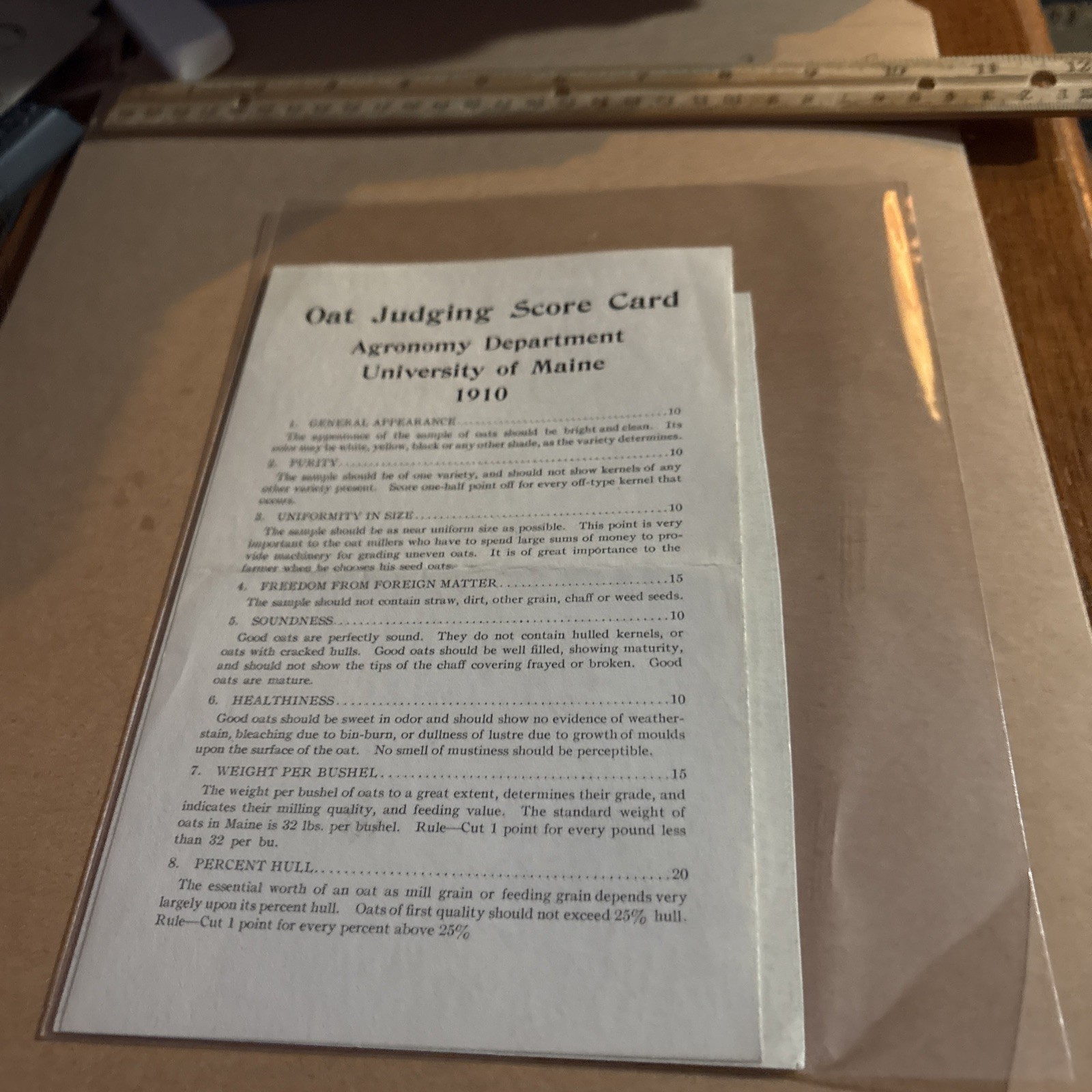 Antique 1910 University of Maine Oat Judging Score Card