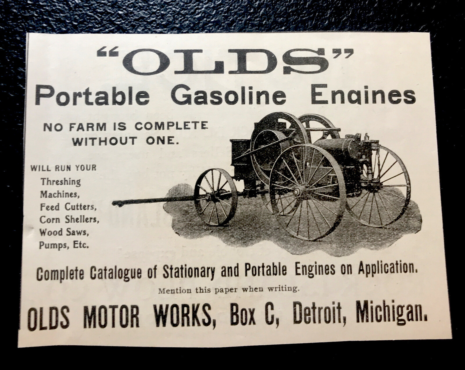 ORIGINAL 1900 Olds Motor Works Engines Farm Advertising – Detroit – Michigan