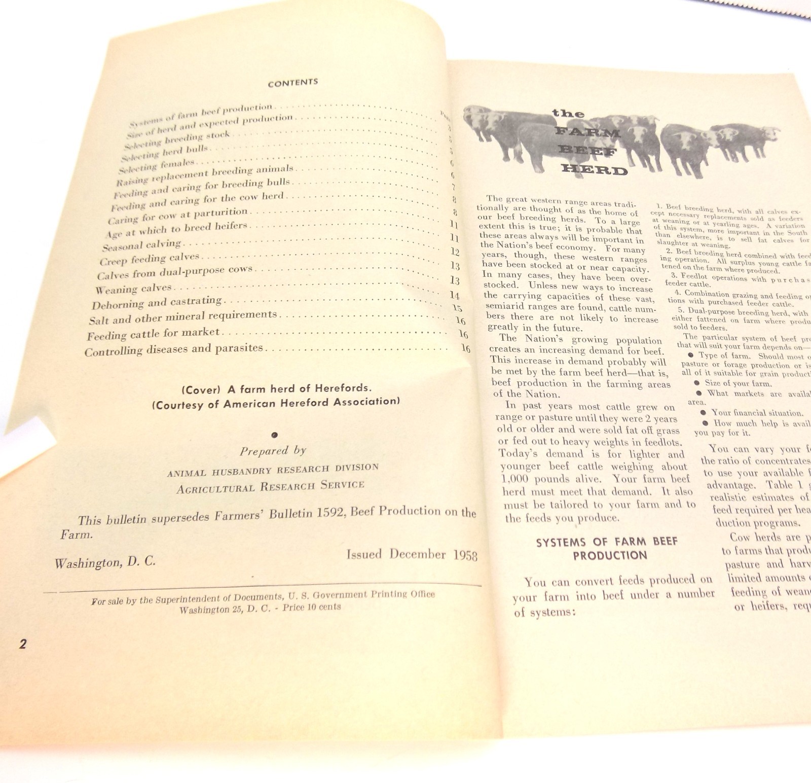 Vntg The Farm Beef Herd US Dept Ag Farmers&rsquo; Bulletin No. 2126 Buckworth 1958
