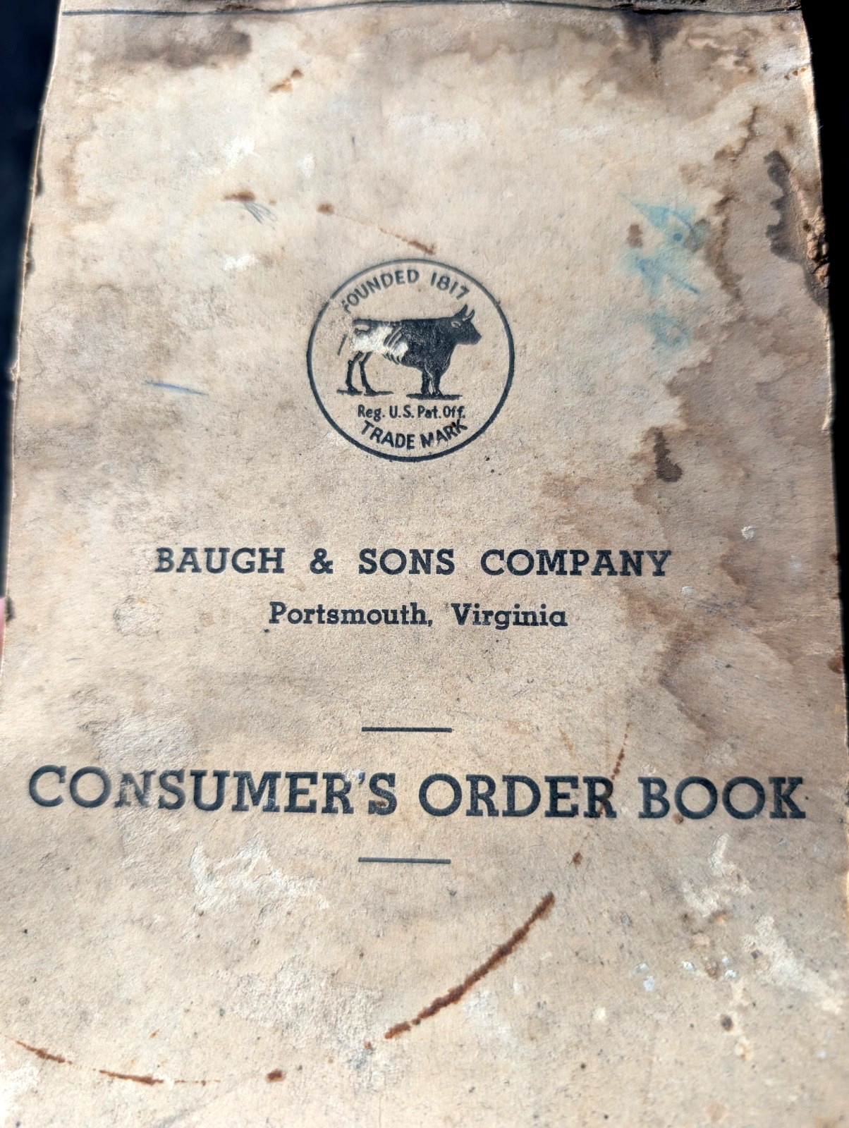 BAUGH & SONS COMPANY Portsmouth Virginia Vintage Old Sales Consumer&rsquo;s Order Book