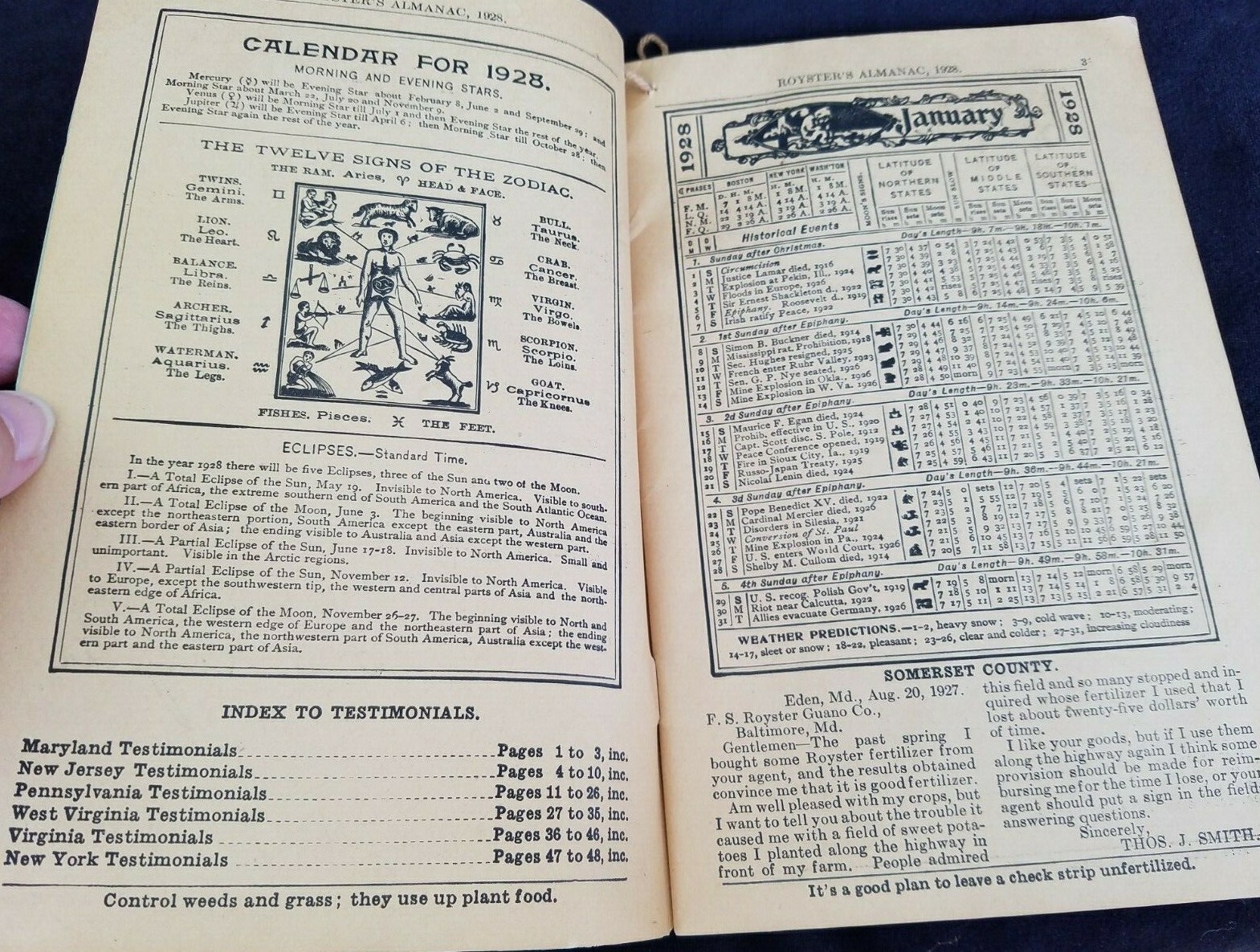 1928 Royster&rsquo;s Almanac FS Royster Guano Baltimore Farm Fertilizer Mine Bartow FL