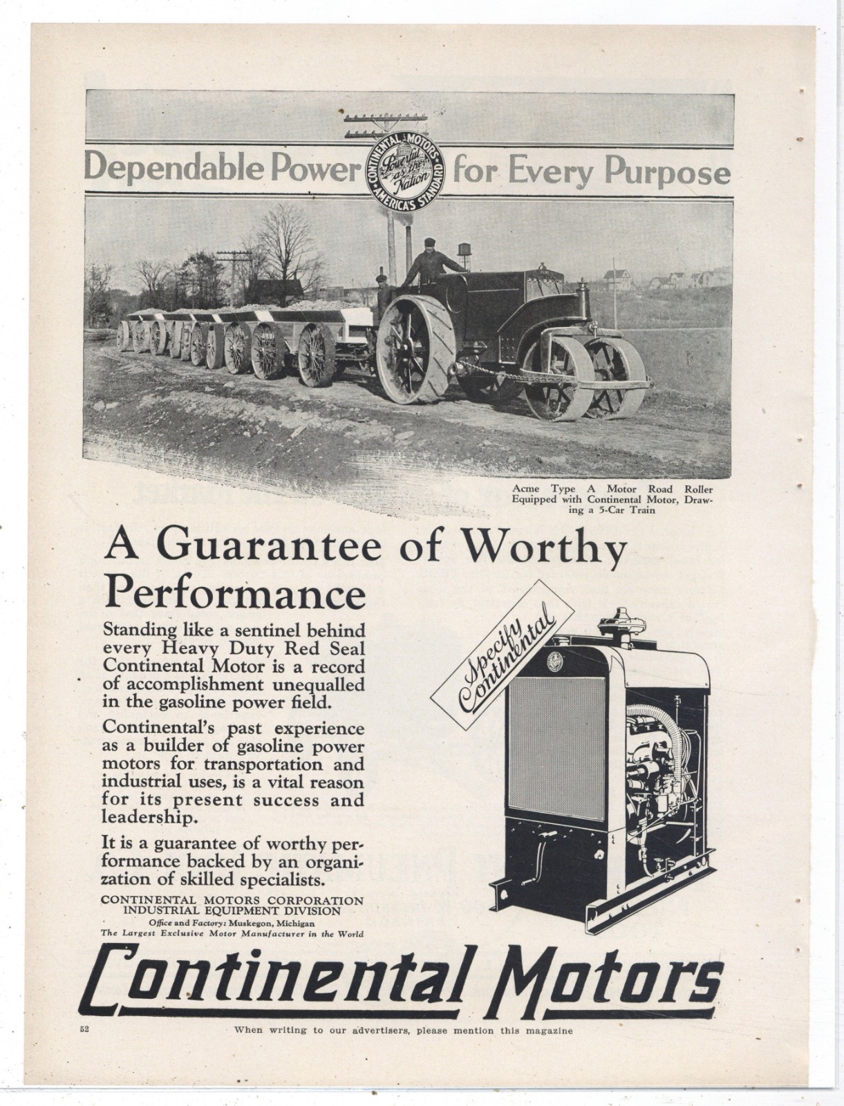 1927 Continental Motors Ad: ACME Type A Motor Road Roller Pulling 5 Car Train