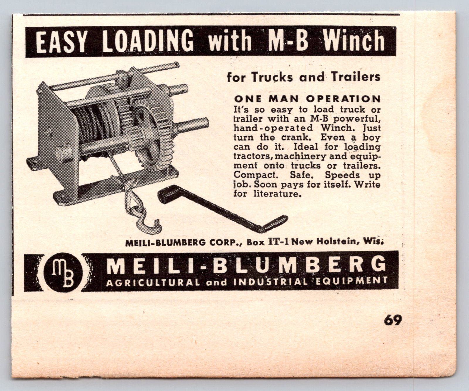 1947 Print Ad Meili-Blumberg Corp Holstein WI Easy Loading with M-B Winch