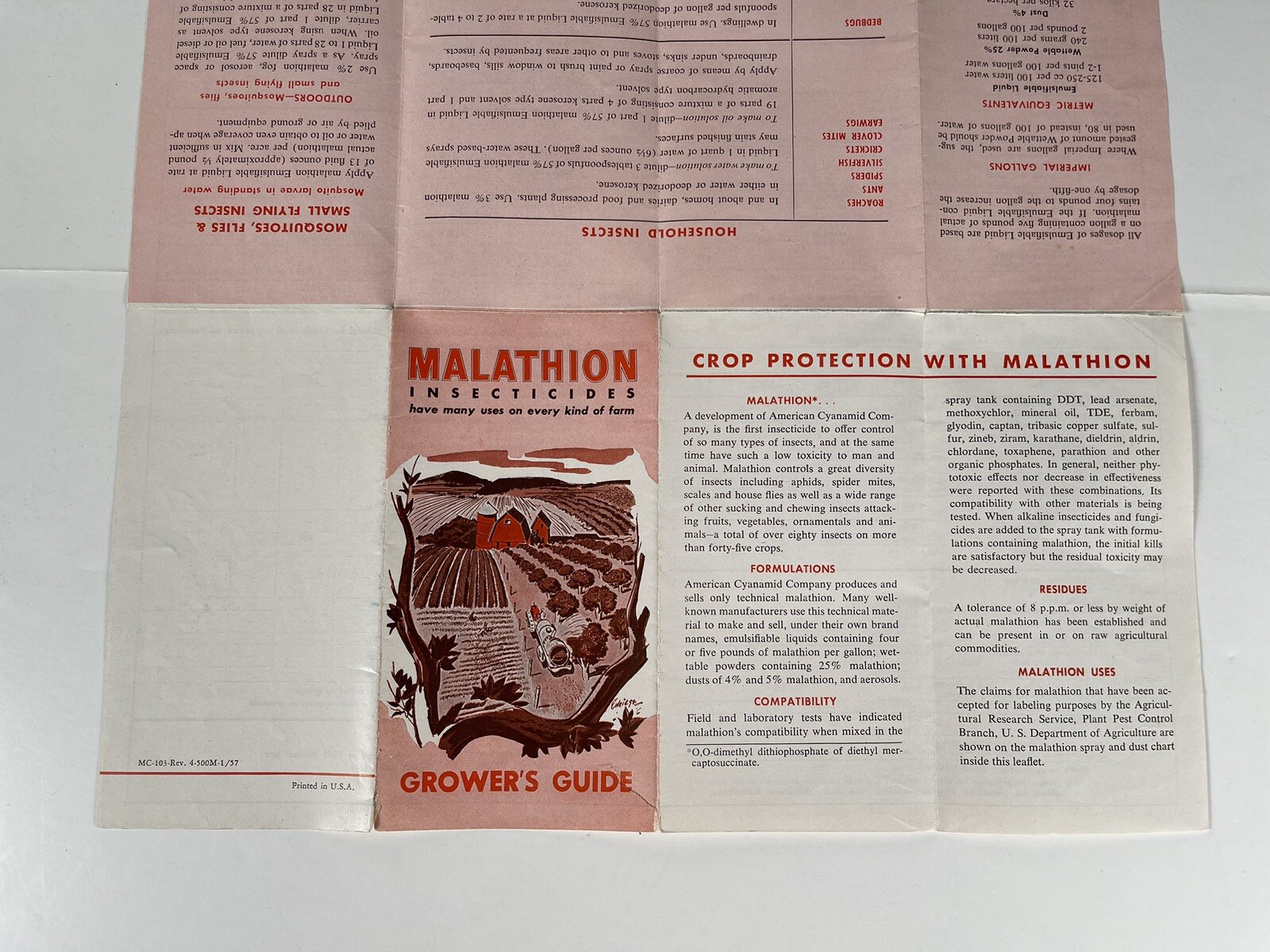 Malathion Insecticides Growers Guide booklet VTG Full 17×13&Prime; Spray & Dust Chart