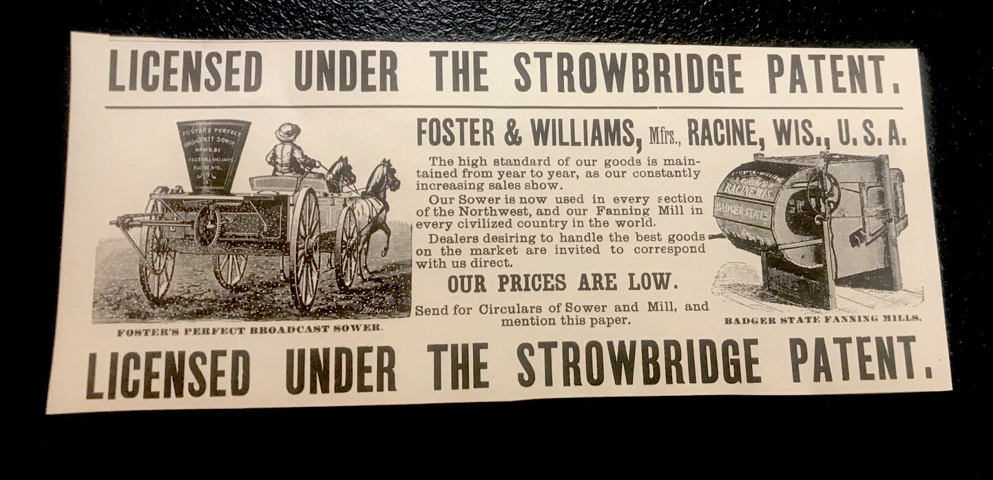 1889 Stowbridge Sower & Mills Farm Advertising – Racine – Wisconsin