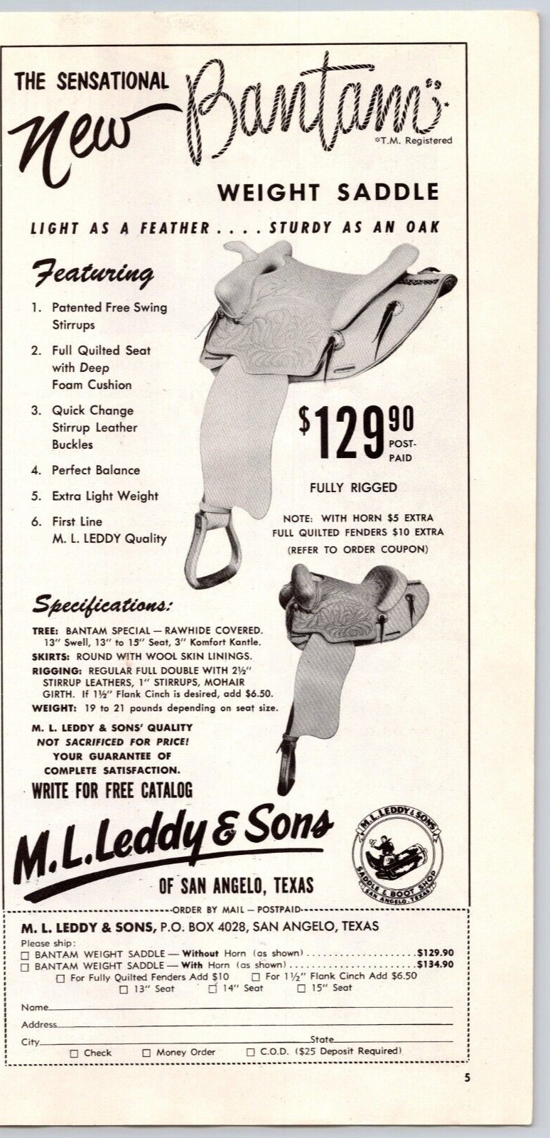 1960 Advertising Print Ad M.L. Leddy Sons San Angelo Texas Bantam Weight Saddle