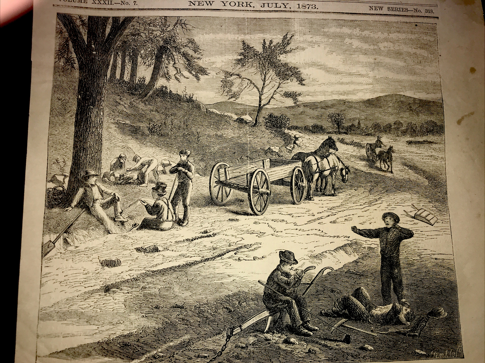1873 ROAD MENDING Farm Engraving Advertising 8×11