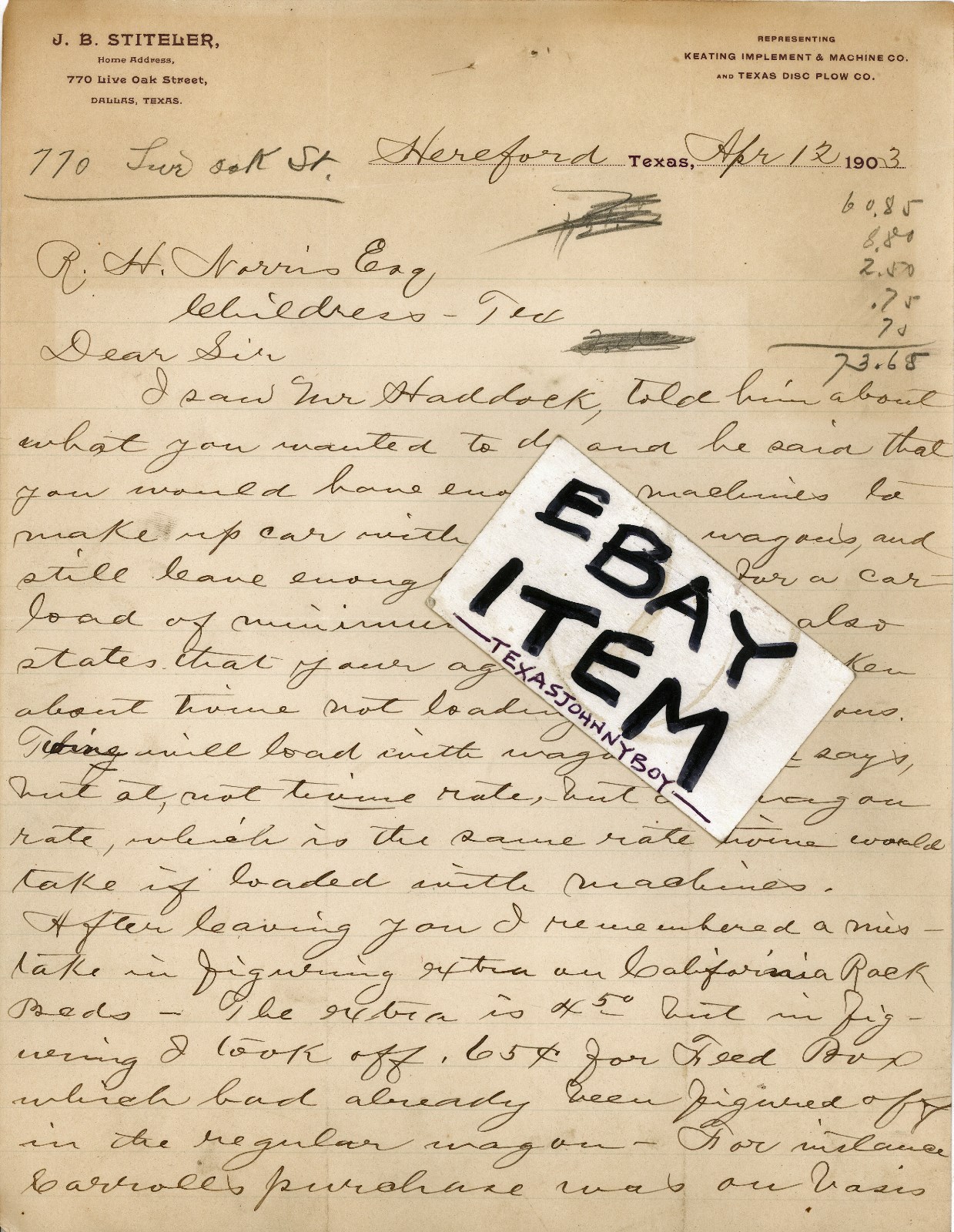 1903 Letterhead HEREFORD DALLAS Texas J B STITELER Keating BF Avery Disc Plow Co