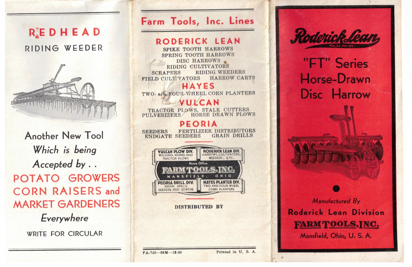 VTG 1938 RODERICK LEAN DISC HARROW ADVERTISING POSTER/BROCHURE! MANSFIELD, OH!