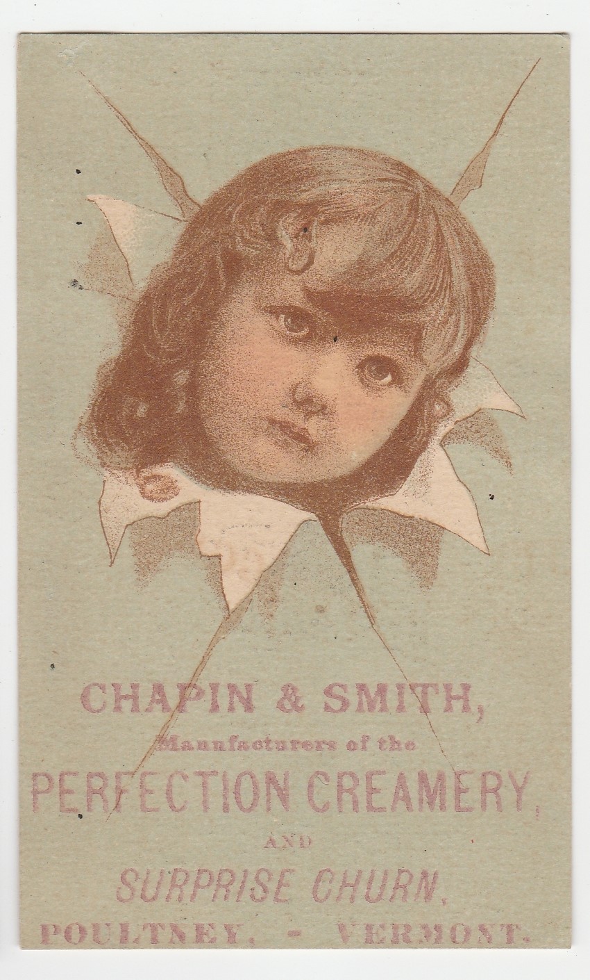 Wooster Creamery/Surprise Churn trade card, Chapin & Smith, Poultney Vermont