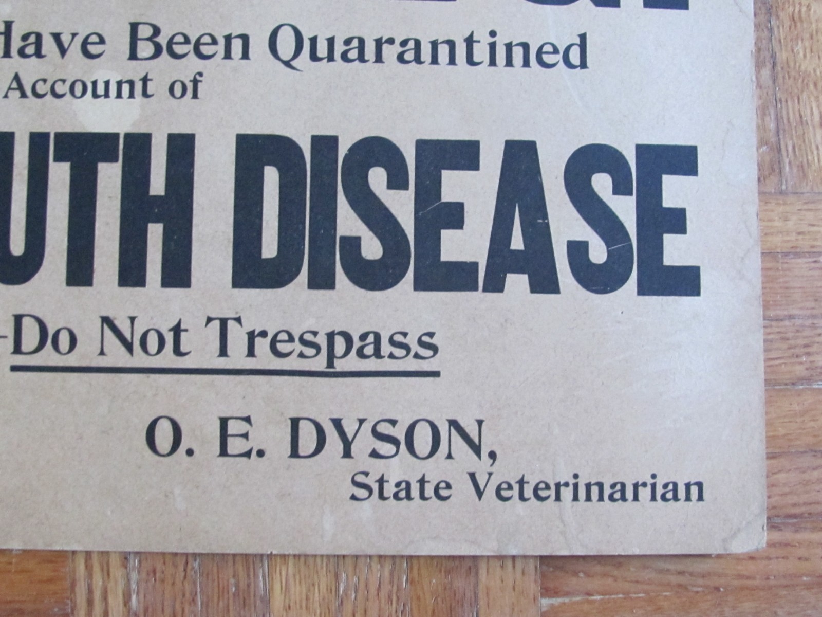 1910&rsquo;S FARM HISTORY CARDBOARD SIGN DR O DYSON STATE VETERINARIAN NO SHIPPING