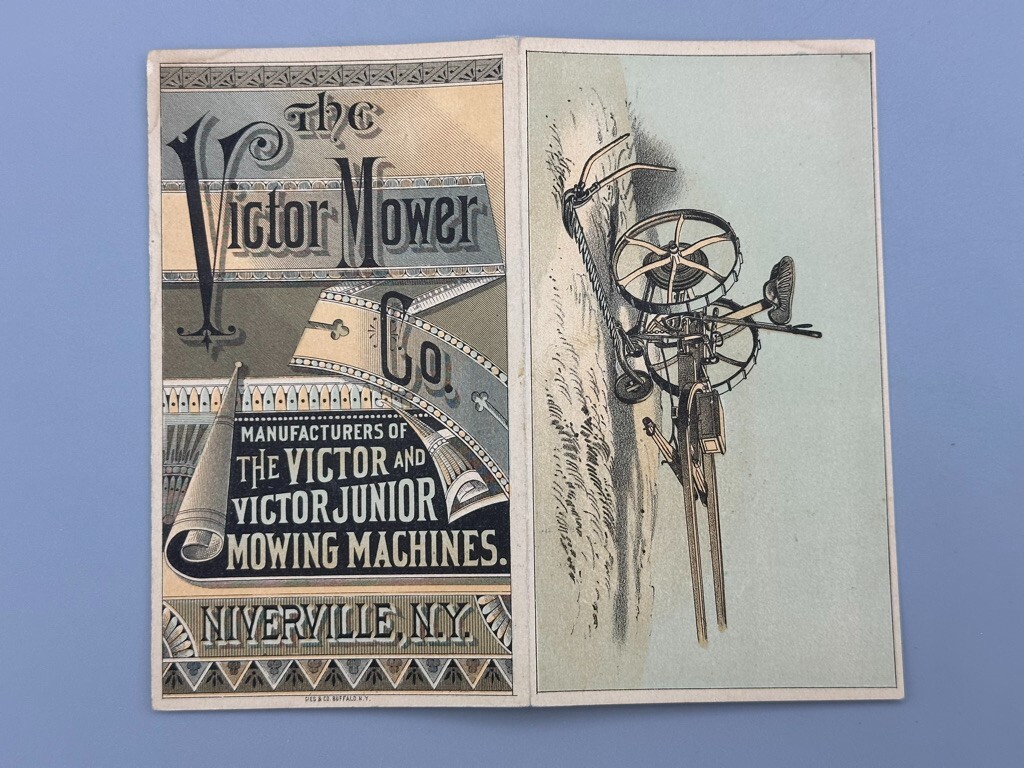 1880s VICTOR Mower FARM Victorian Folding Advertising Trade Card NIVERVILLE NY
