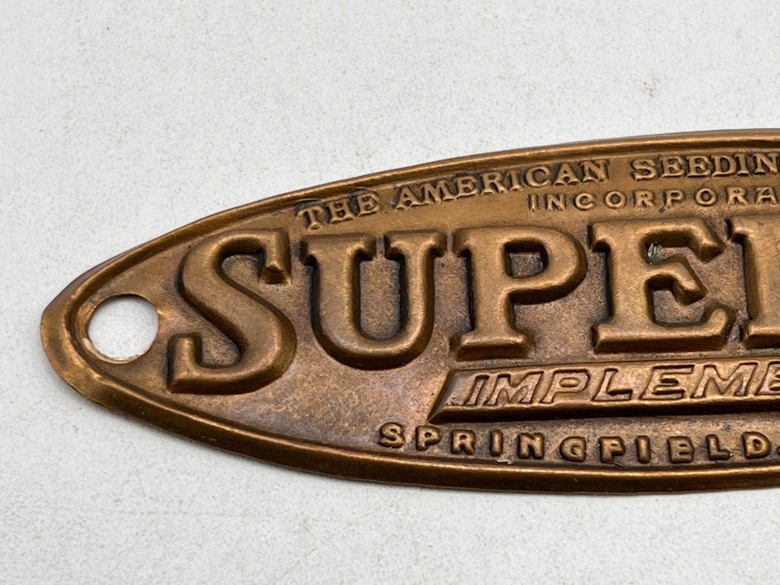 Vintage The American Seeding Machine Co. Superior Implements Brass Tag / Plate