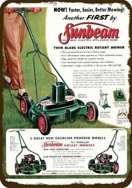1956 SUNBEAM ELECTRIC & GAS LAWN MOWER Vntg-Look DECORATIVE REPLICA METAL SIGN