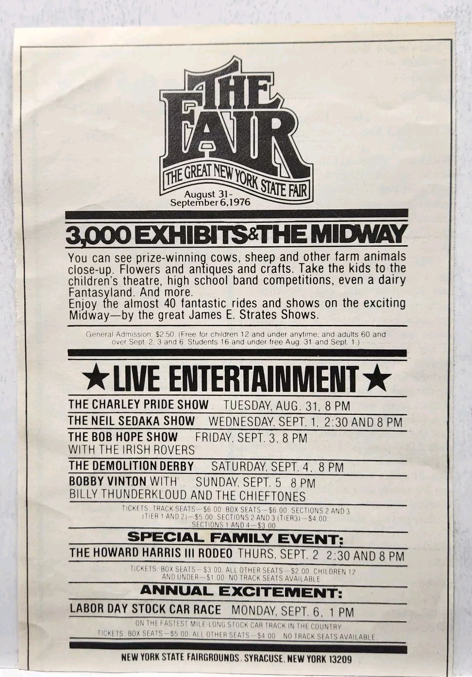 1976 New York State Fair Original Print Ad Farm Animals Bob Hope Charley Pride