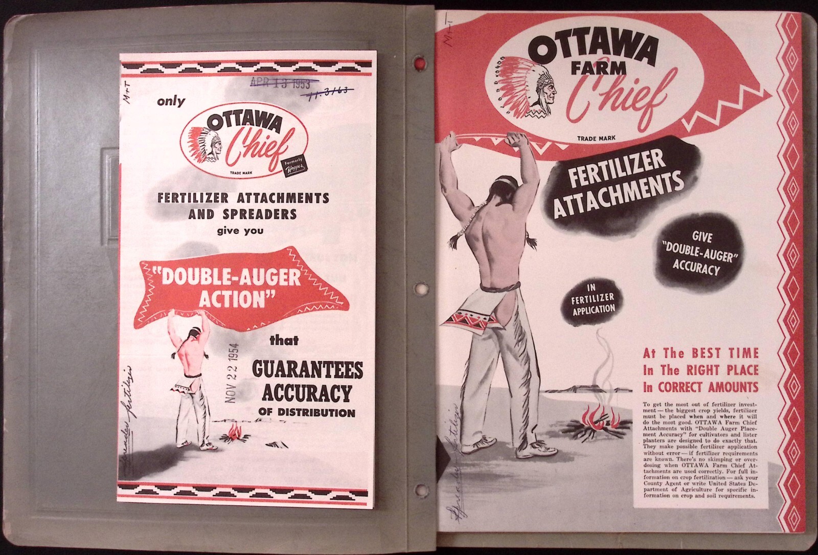 1953 Ottawa Chief Fertilizer Attachments Ford & Dearborn Tractor Brochure LOT
