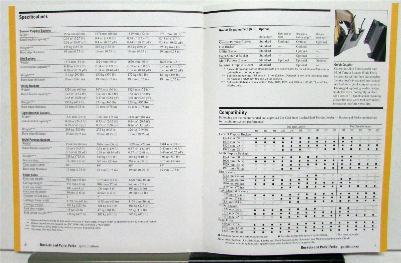 2004 Caterpillar Buckets & Forks Specifications Construction Sales Brochure