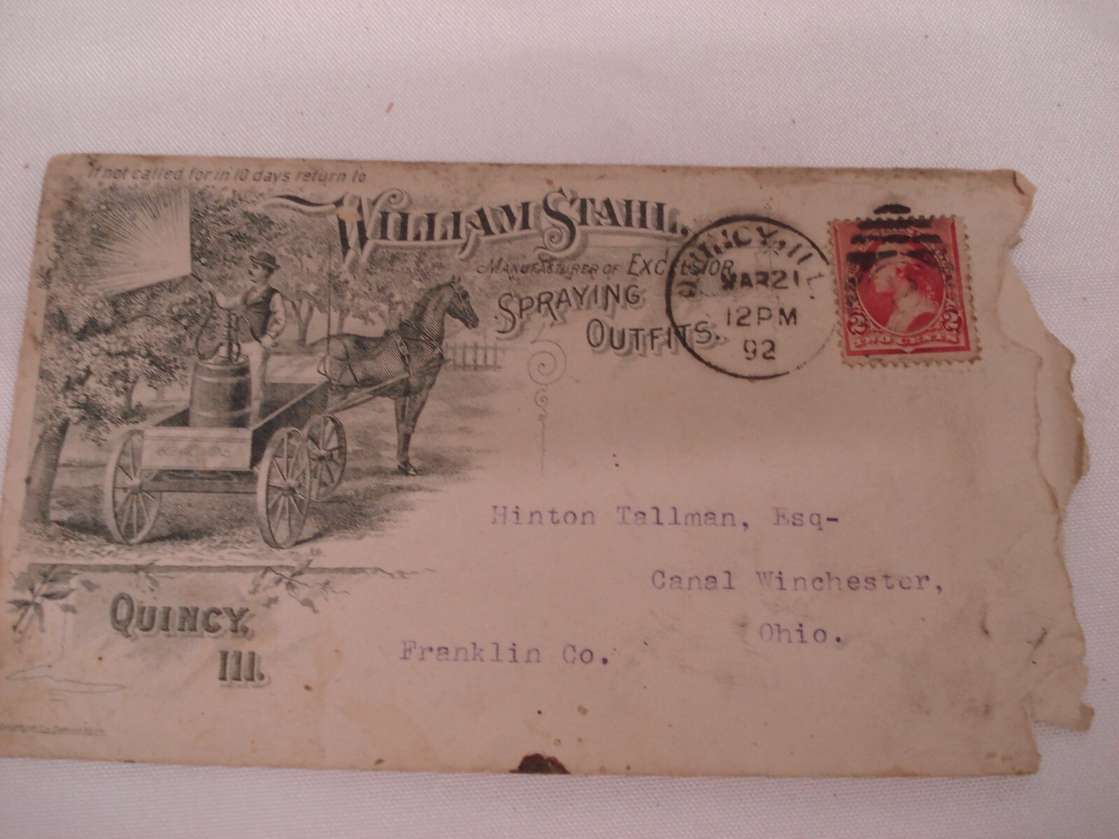 1892 WILLIAM STAHL EXCELSIOR FRUIT TREE SPRAYING EQUIPMENT SALES AGENT LETTER