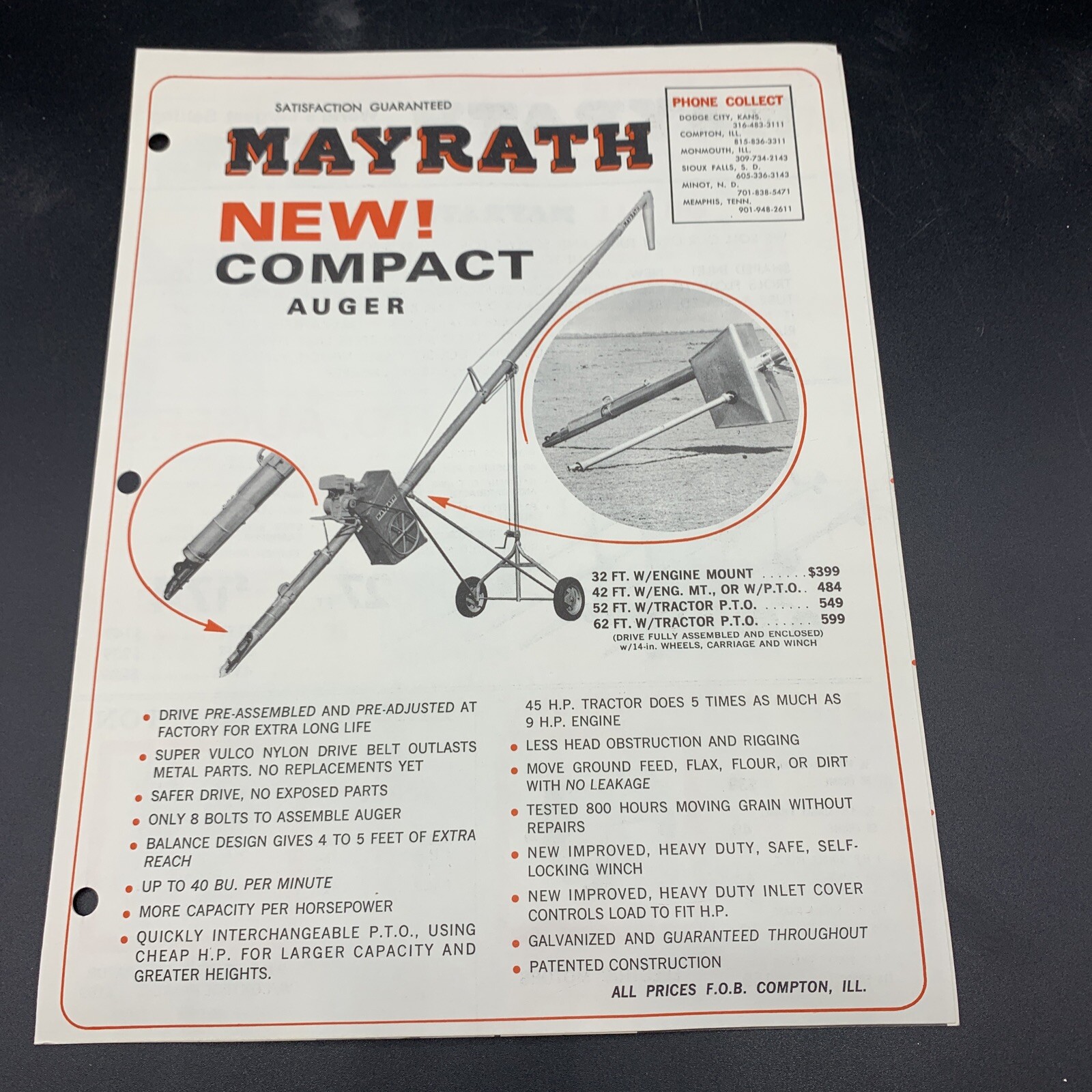 5 Original Mayrath Farm Implements Sales Brochures-Compton Illinois-1950’s