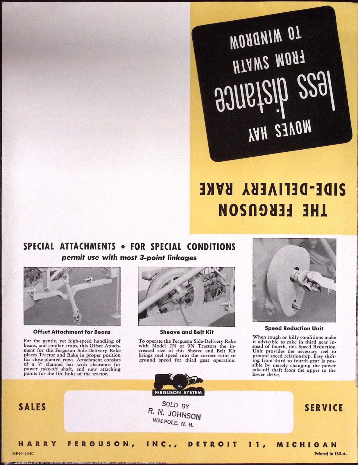 1952 Freguson Side Delivery Rake Ferguson Tractor Detroit MI Dealer Brochure