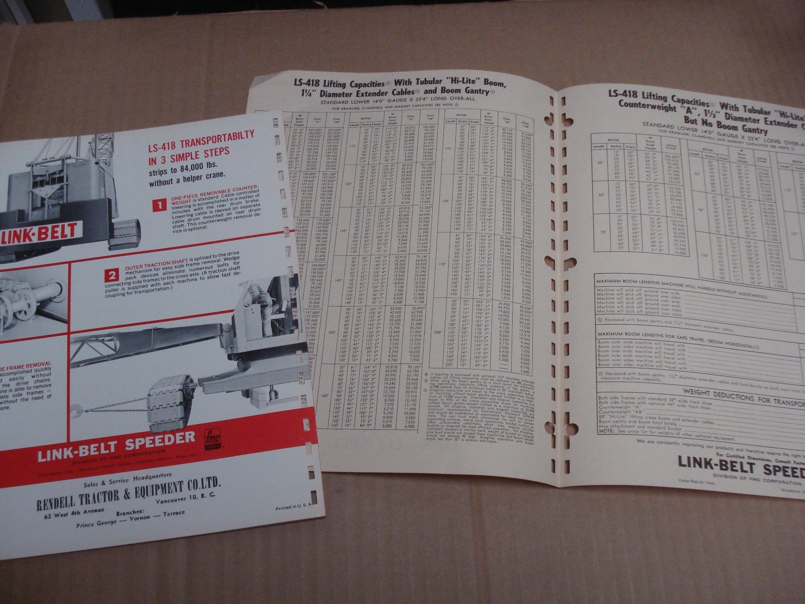 Link-Belt Speeder LS-418 100 Ton Lift Crane Brochure & Flysheet 1968