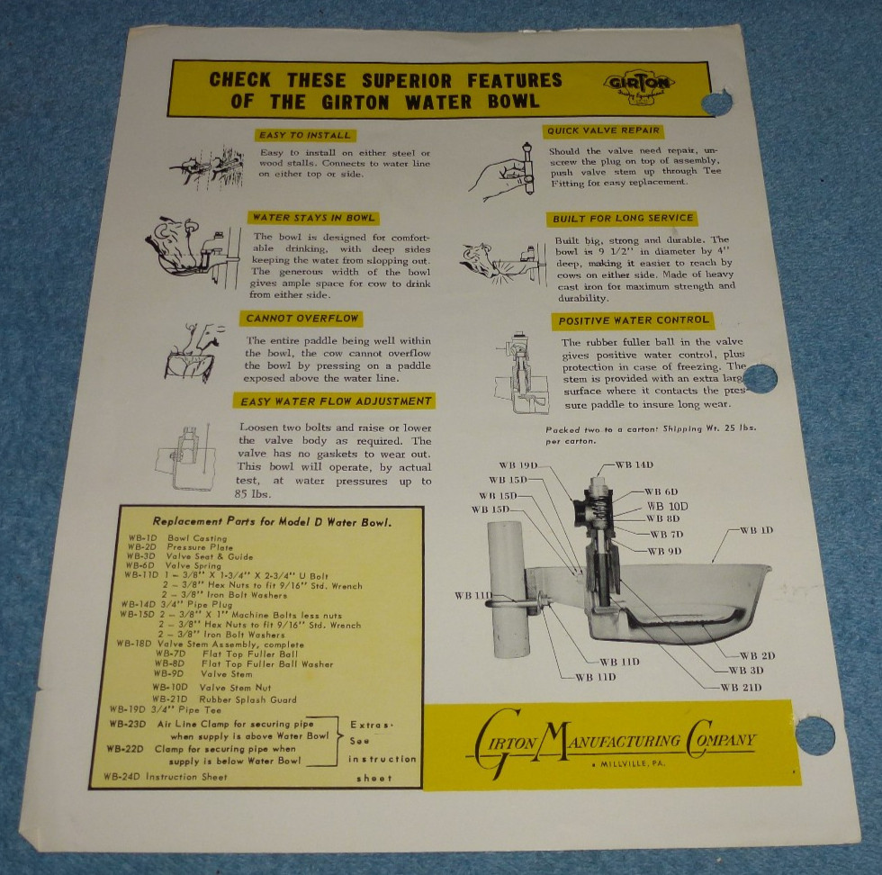 Vintage Girton Dairy Equipment Mfg Co Water Bowls Brochure Sheet Parts List