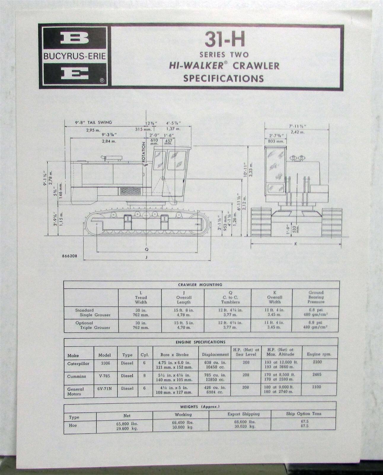 Bucyrus Erie Hi-Walker Crawler Series Two 31-H Sales Construction Specs Folder