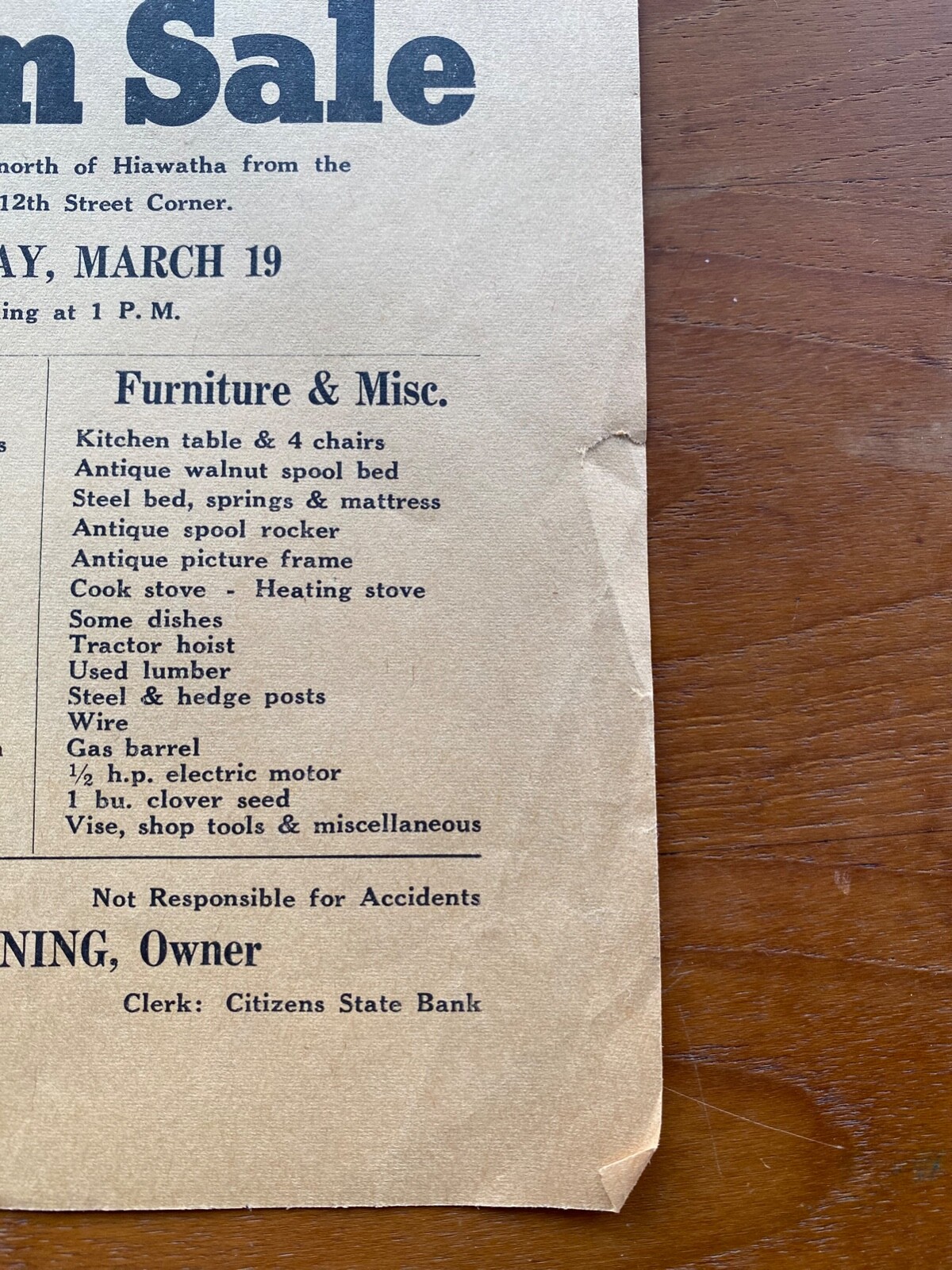Vintage FARM SALE Advertising Poster Flyer Hiawatha Kansas Machinery Furniture