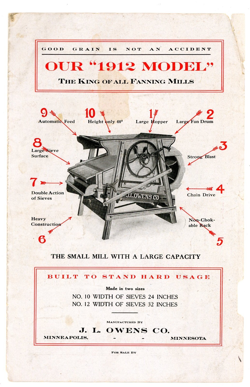 J L Owens 1912 Model Fanning Mills J L Owen Co Minneapolis Minn brochure