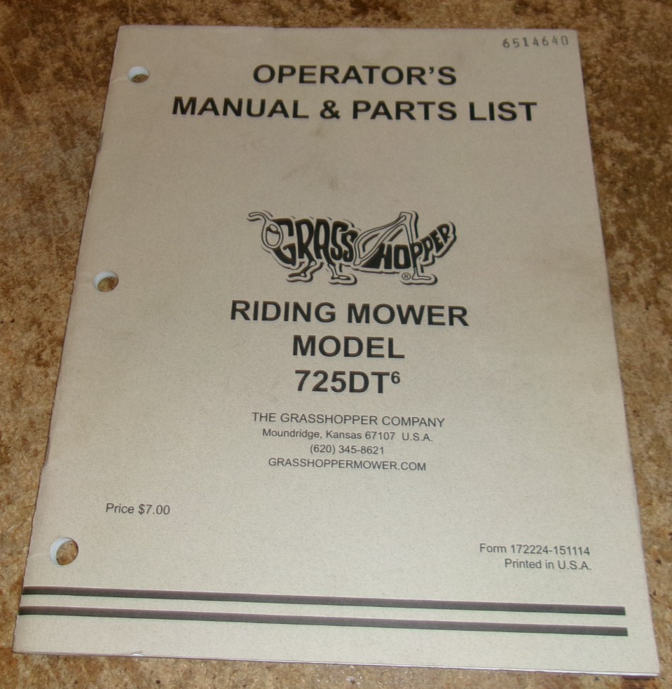 2014 grasshopper 725DT riding mower parts/operators manual good used