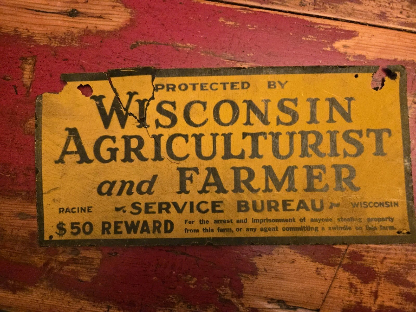 Vintage Cardboard Wisconsin Agriculturalist Farmer Service Bureau Sign Racine WI
