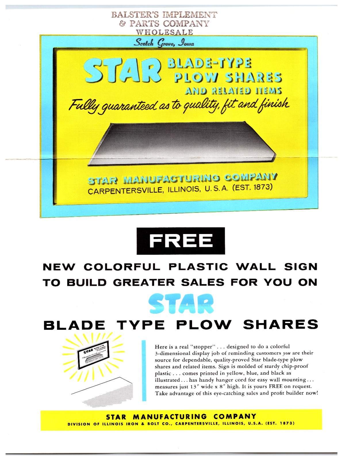 Star Blade -Type Plow Shares – Original Print Ad Brochure *Carpentersville, IL*